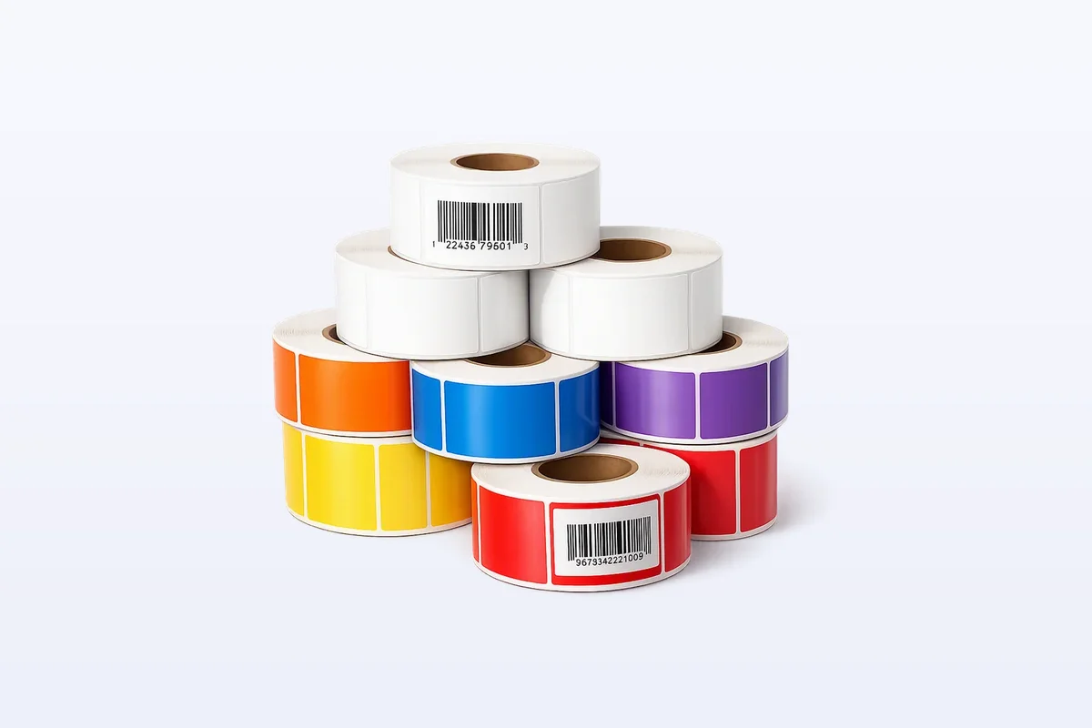 Rollos de etiquetas blancas y de color