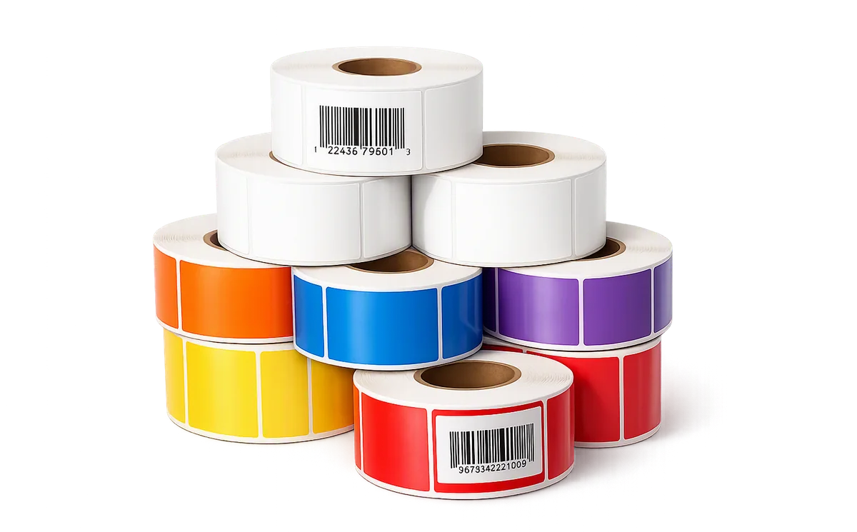 Rollos de etiquetas blancas y de color recién fabricados